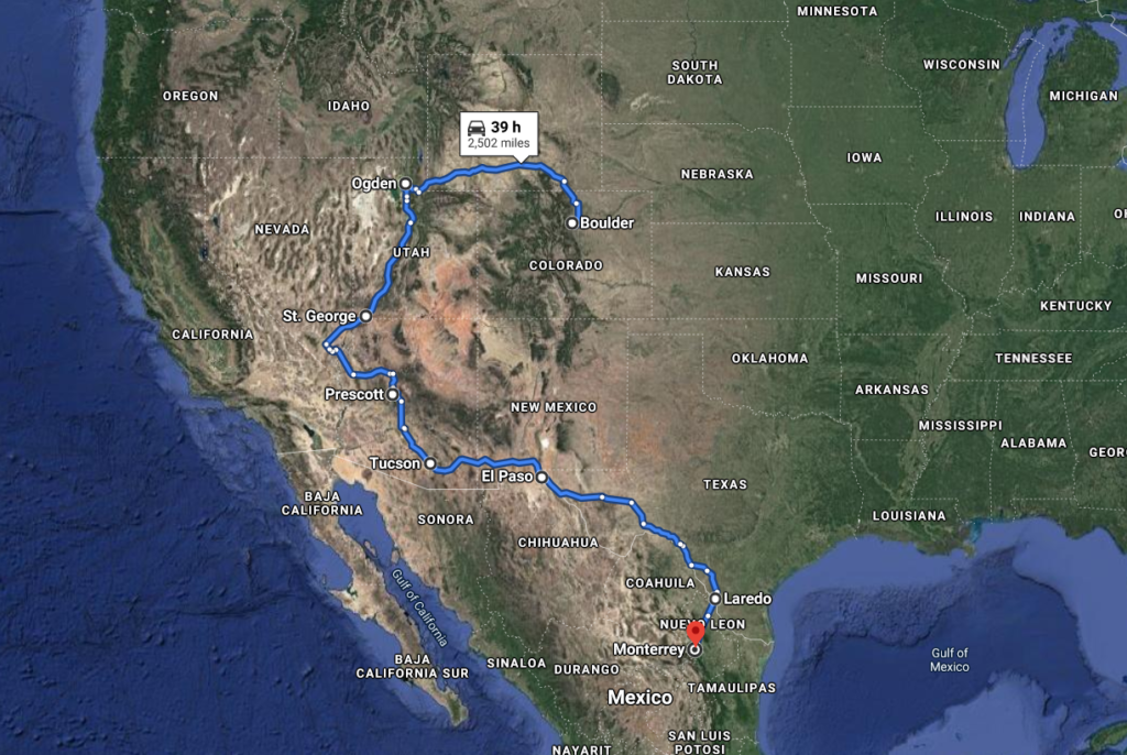 Map of our roadtrip route from utah to Mexico