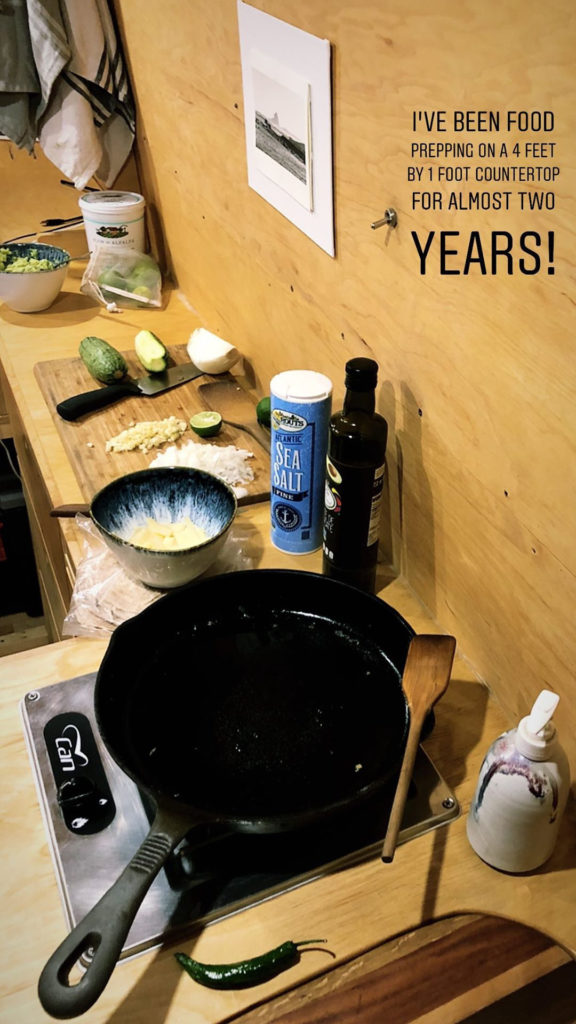 Erin's kitchen countertop in her van