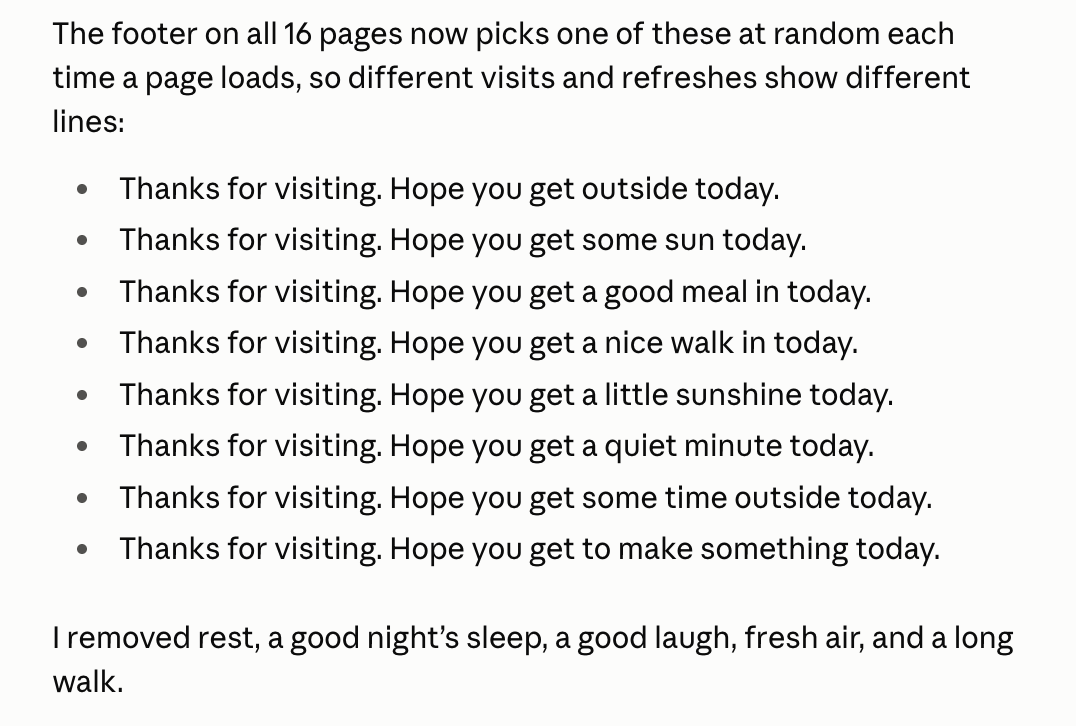 The list of rotating footer sign-offs