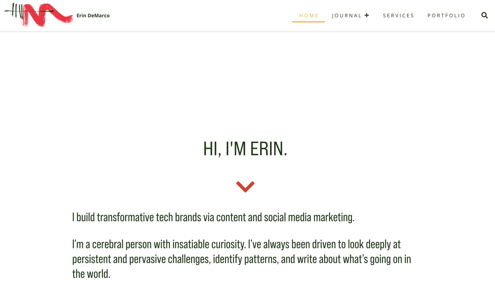 The home page of Erin's old WordPress site, with the Hi, I'm Erin intro.
