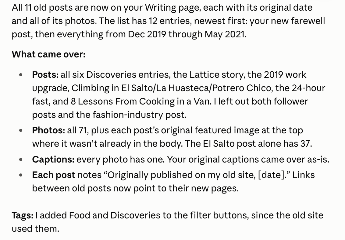 Claude's summary after rebuilding eleven old blog posts